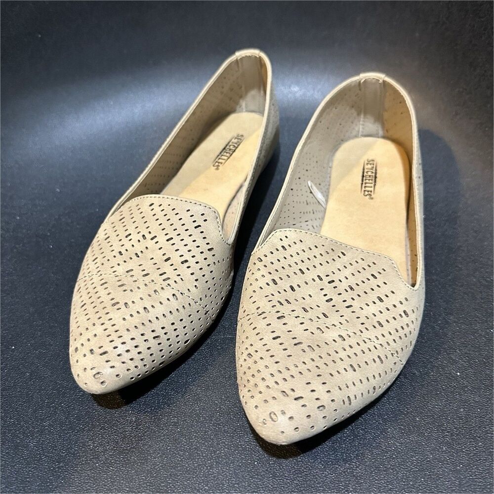 Seychelles Laser Cut Faux Suede Flats Beige Pointed Toe Slip On Women's US 8